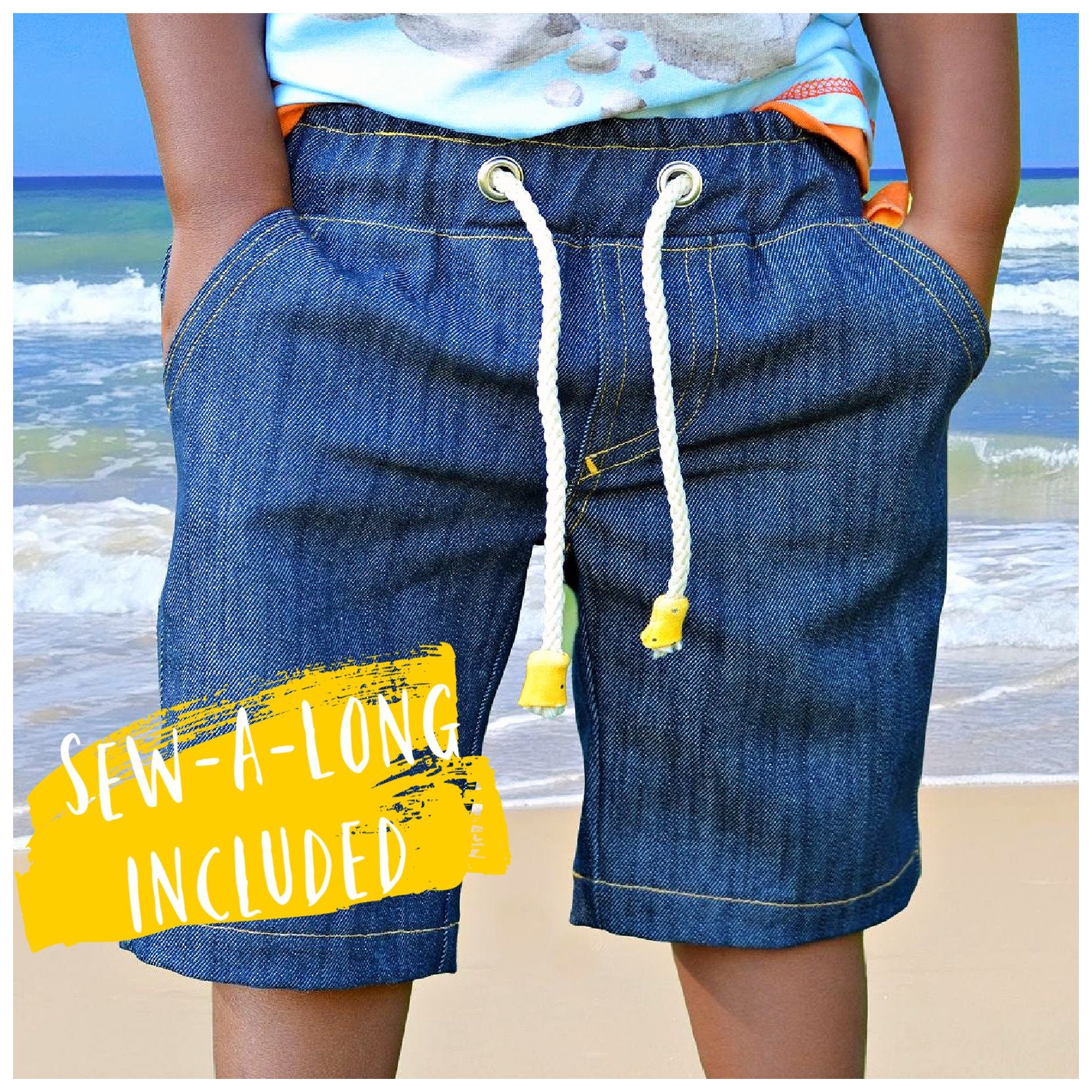 Oscar shorts, pdf sewing pattern by frocks and frolics, boys slacks, Bermuda shorts, age 1-14. Shorts have side pockets an elasticated waist and contrast turn up. 