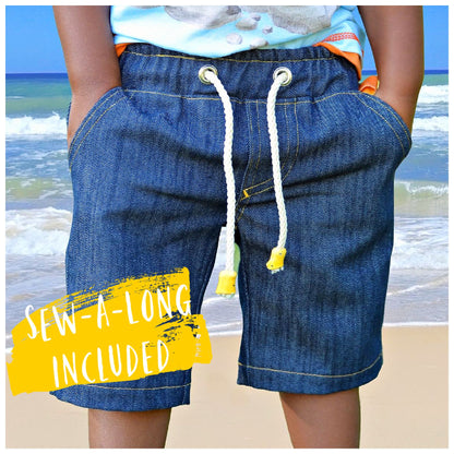 Oscar shorts, pdf sewing pattern by frocks and frolics, boys slacks, Bermuda shorts, age 1-14. Shorts have side pockets an elasticated waist and contrast turn up. 