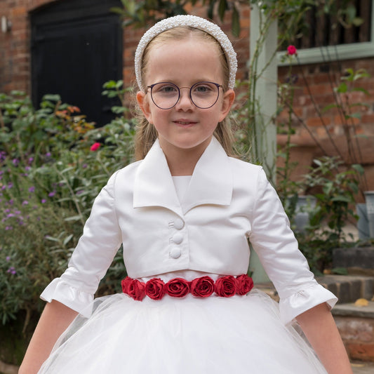 Paris bridal bolero, pdf sewing pattern, waist length bolero with three feature buttons, plain set in sleeves and ruffle hem. Here with the flower girl dress by Frocks & Frolics.