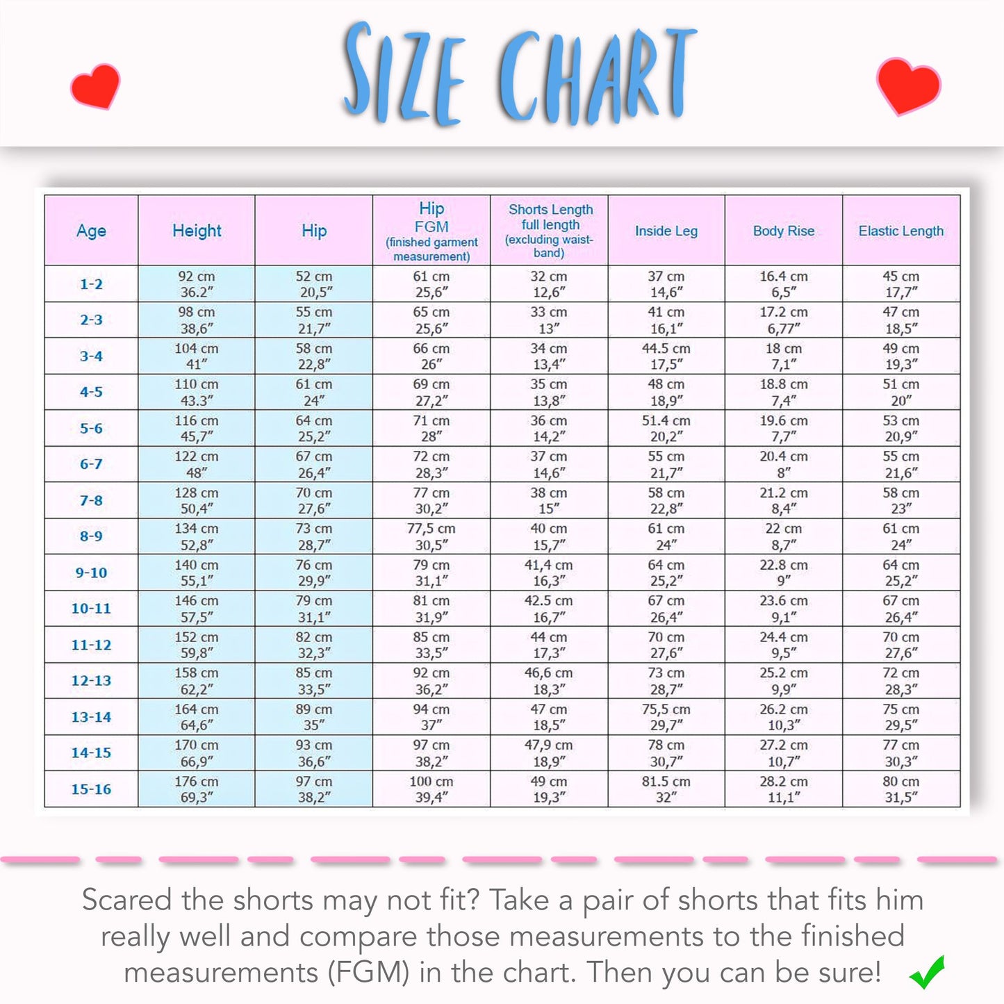 Oscar shorts, pdf sewing pattern by frocks and frolics, boys slacks, Bermuda shorts, age 1-14. Shorts have side pockets an elasticated waist and contrast turn up. Size Chart.