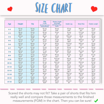 Oscar shorts, pdf sewing pattern by frocks and frolics, boys slacks, Bermuda shorts, age 1-14. Shorts have side pockets an elasticated waist and contrast turn up. Size Chart.
