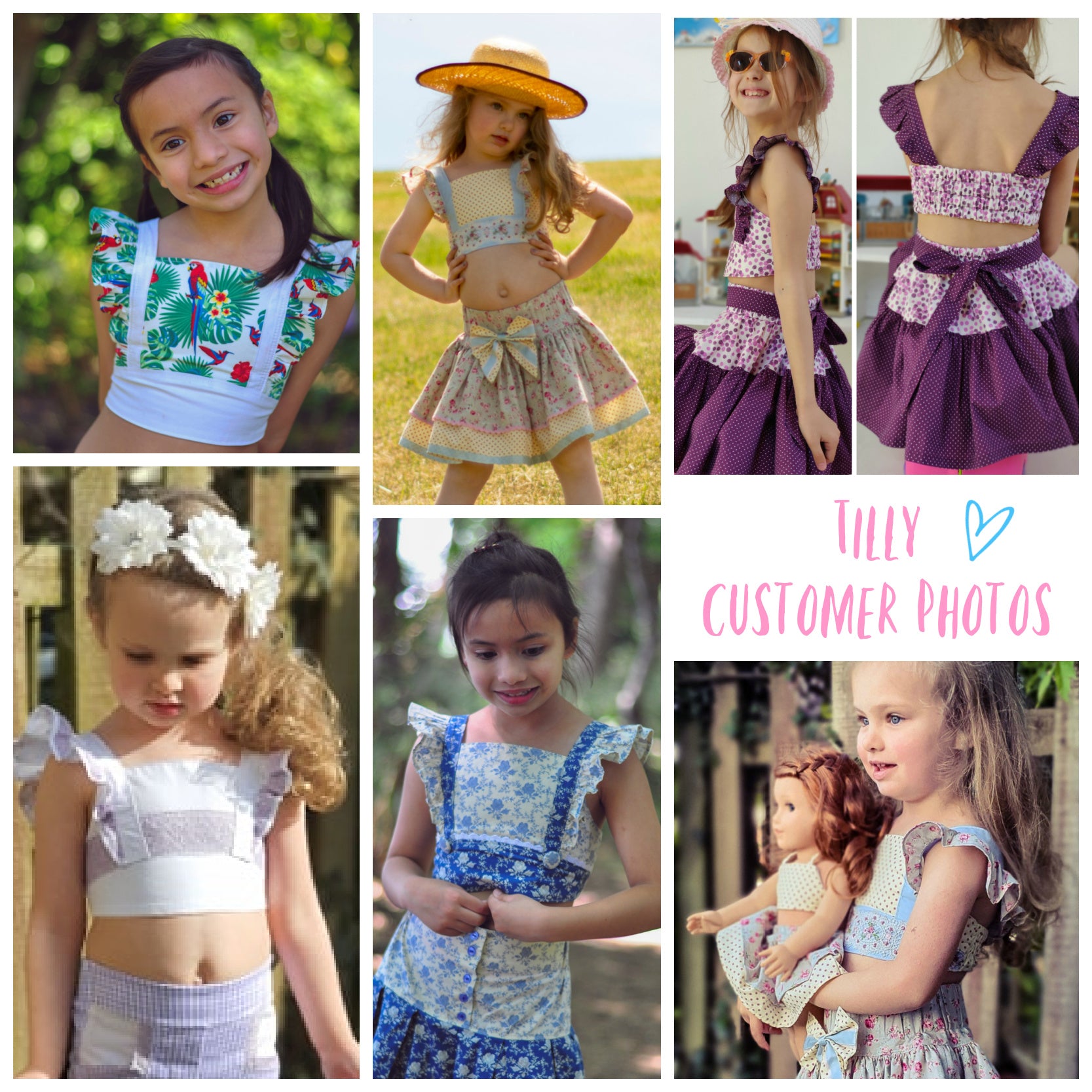 Tilly crop top, pdf sewing pattern by Frocks & Frolics. Cute girls blouse with flutter sleeves and vintage inspired. Made in gorgeous Michael Miller fabrics in cotton and red linen. Customer photos.