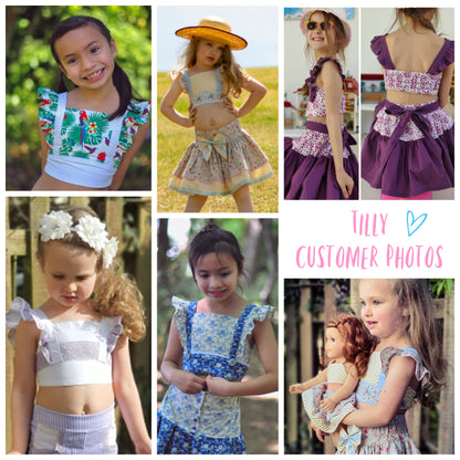 Tilly crop top, pdf sewing pattern by Frocks & Frolics. Cute girls blouse with flutter sleeves and vintage inspired. Made in gorgeous Michael Miller fabrics in cotton and red linen. Customer photos.