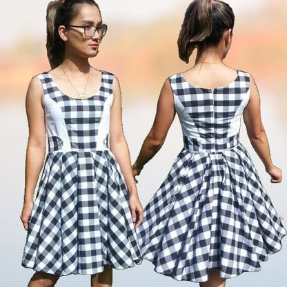 Vivienne teen dress, circle skirt, gathered skirt, frocks and frolics, pdf sewing pattern. Three quarter length, with low cut bodice and back. Front view.
