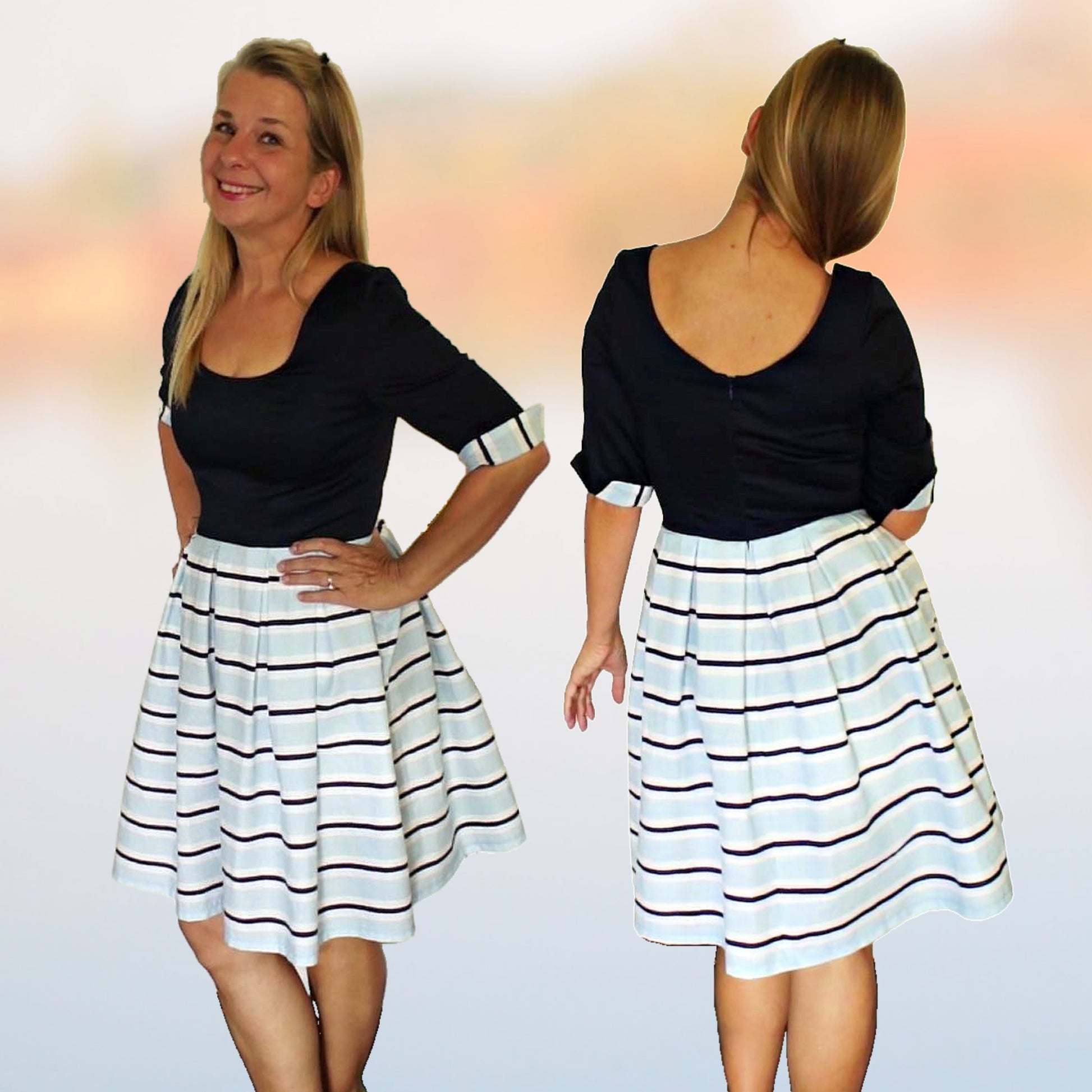 Vivienne teen dress, circle skirt, gathered skirt, frocks and frolics, pdf sewing pattern. Three quarter length, with low cut bodice and back. Front view.