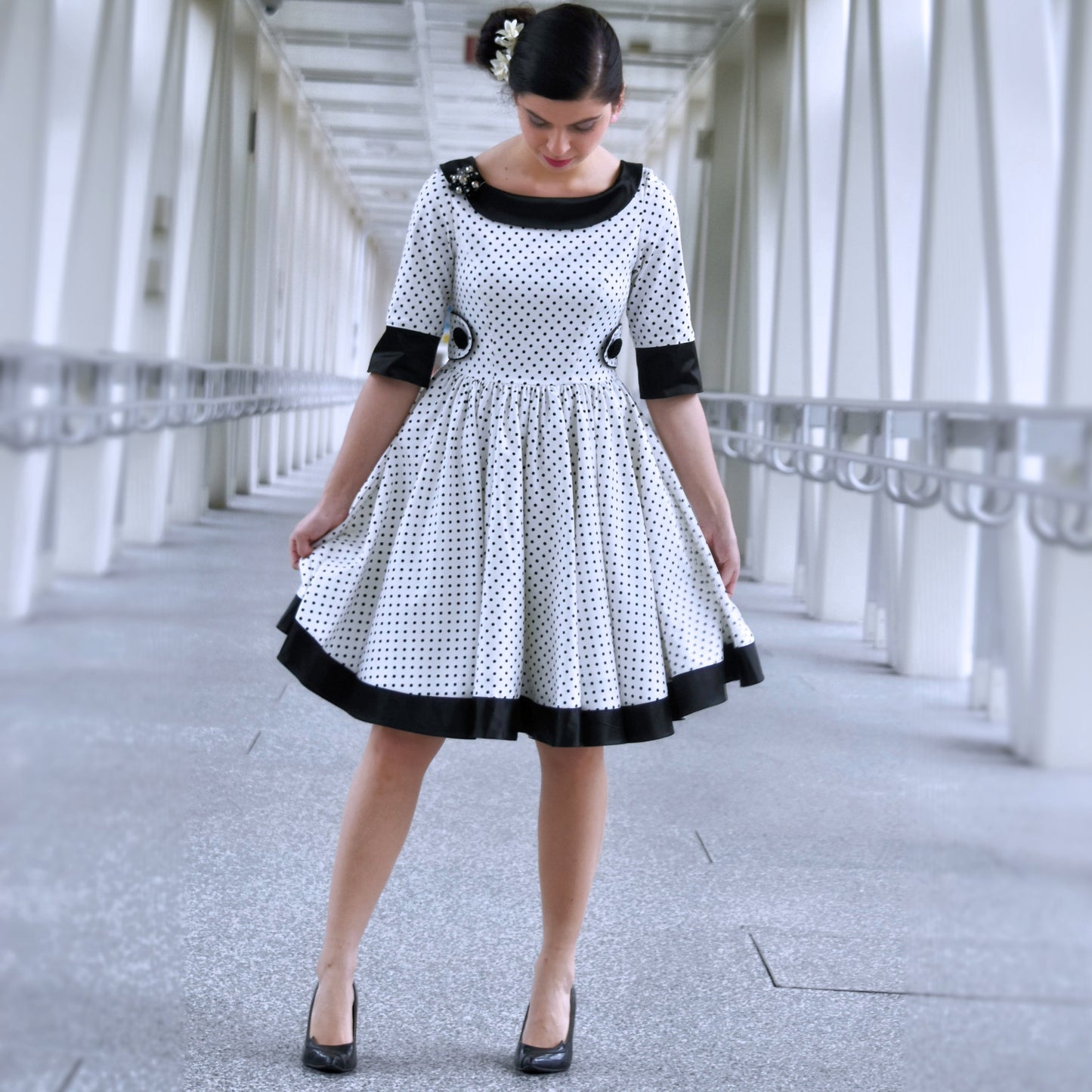 Vivienne teen dress, circle skirt, gathered skirt, frocks and frolics, pdf sewing pattern. Three quarter length, with low cut bodice and back. Front view.