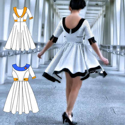 Vivienne teen dress, circle skirt, gathered skirt, frocks and frolics, pdf sewing pattern. Three quarter length, with low cut bodice and back. Front view.