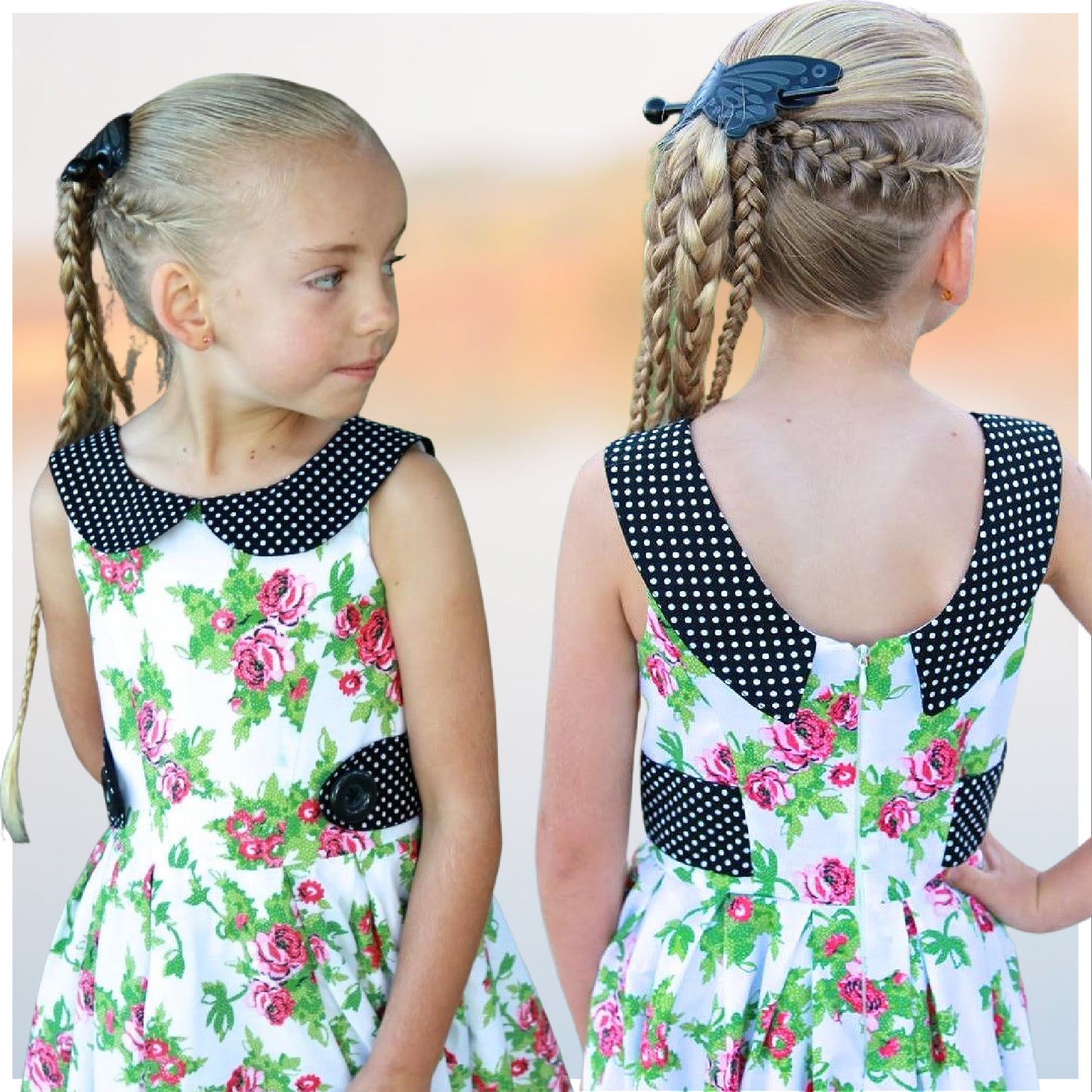 Vivienne dress for girls by Frocks & Frolics. Princess seam bodice, a sleeveless dress printed cotton. Peter Pan collar with lower cut back. Pleated skirt. Large feature tabs with oversized button. Concealed zipper. 