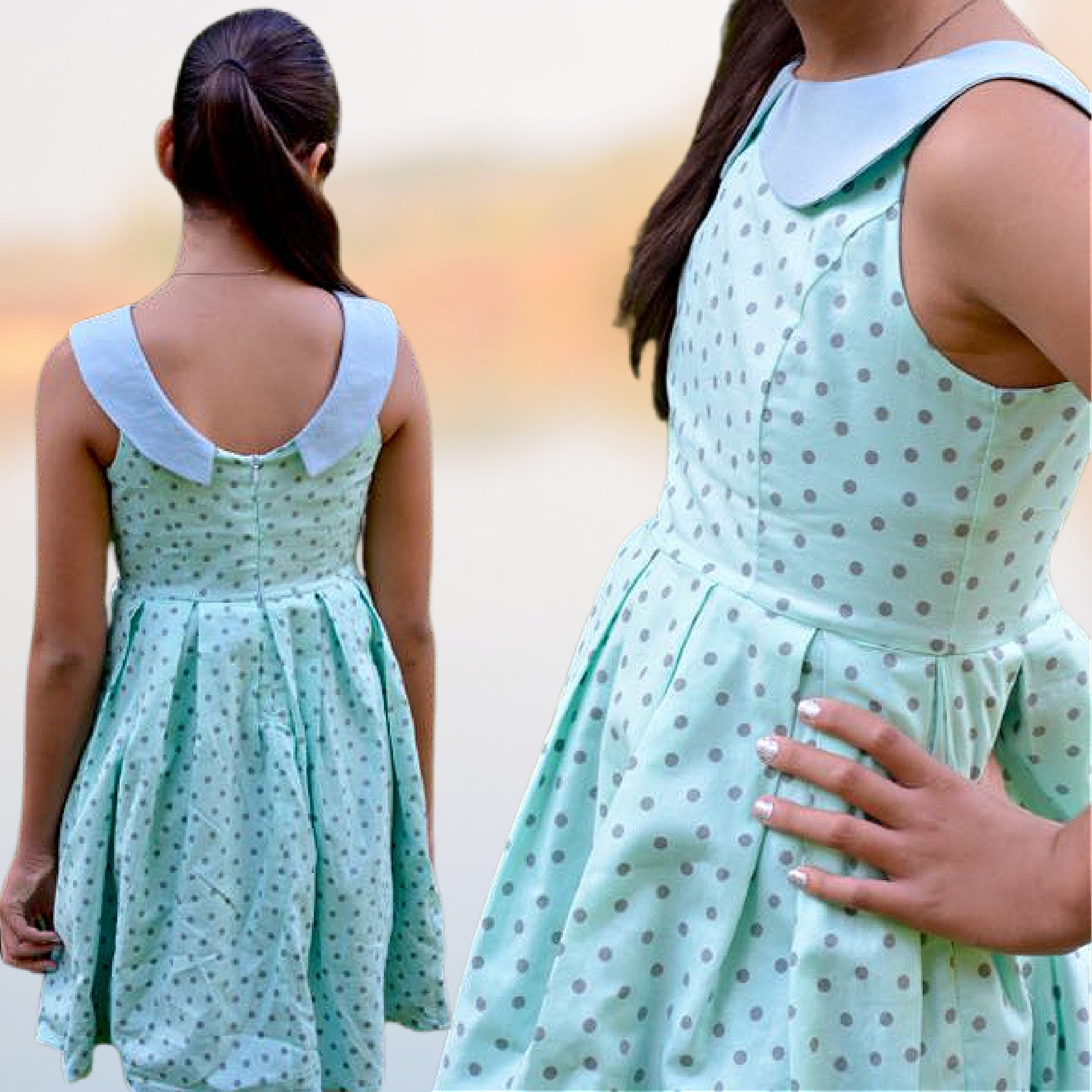 Vivienne dress for girls by Frocks & Frolics. Princess seam bodice, a sleeveless dress printed cotton. Peter Pan collar with lower cut back. Pleated skirt. Large feature tabs with oversized button. Concealed zipper. 