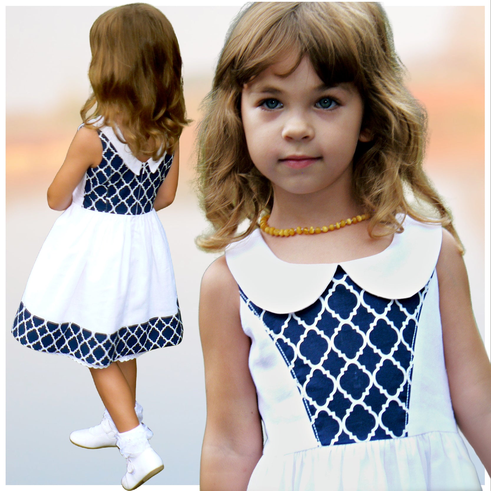 Vivienne dress for girls by Frocks & Frolics. Princess seam bodice, a sleeveless dress printed cotton. Peter Pan collar with lower cut back. Pleated skirt. Large feature tabs with oversized button. Concealed zipper. 