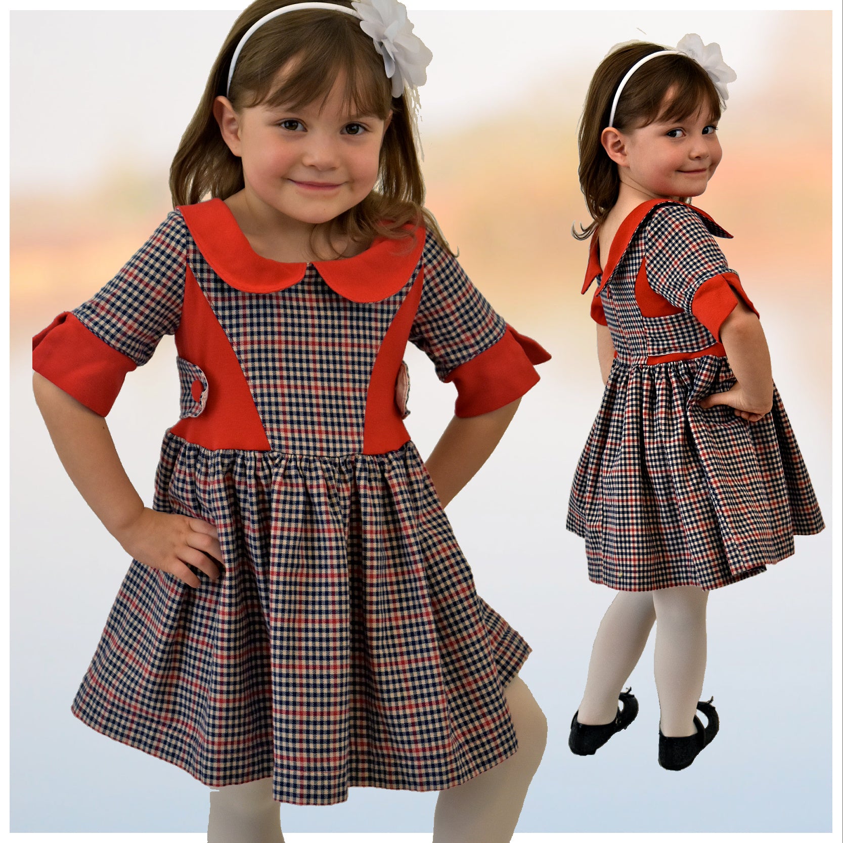 Vivienne dress for girls by Frocks & Frolics. Princess seam bodice,long sleeves with spilt cuffs, gathered skirt and Peter Pan collar.