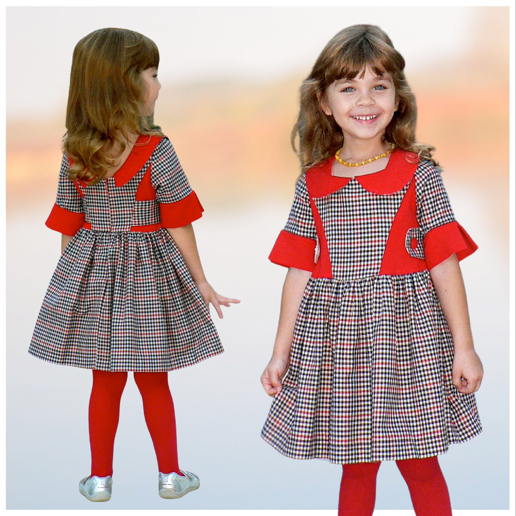 Vivienne dress for girls by Frocks & Frolics. Princess seam bodice,long sleeves with spilt cuffs, gathered skirt and Peter Pan collar.