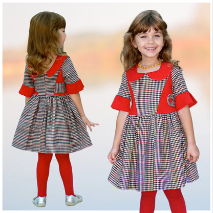 Vivienne dress for girls by Frocks & Frolics. Princess seam bodice,long sleeves with spilt cuffs, gathered skirt and Peter Pan collar.