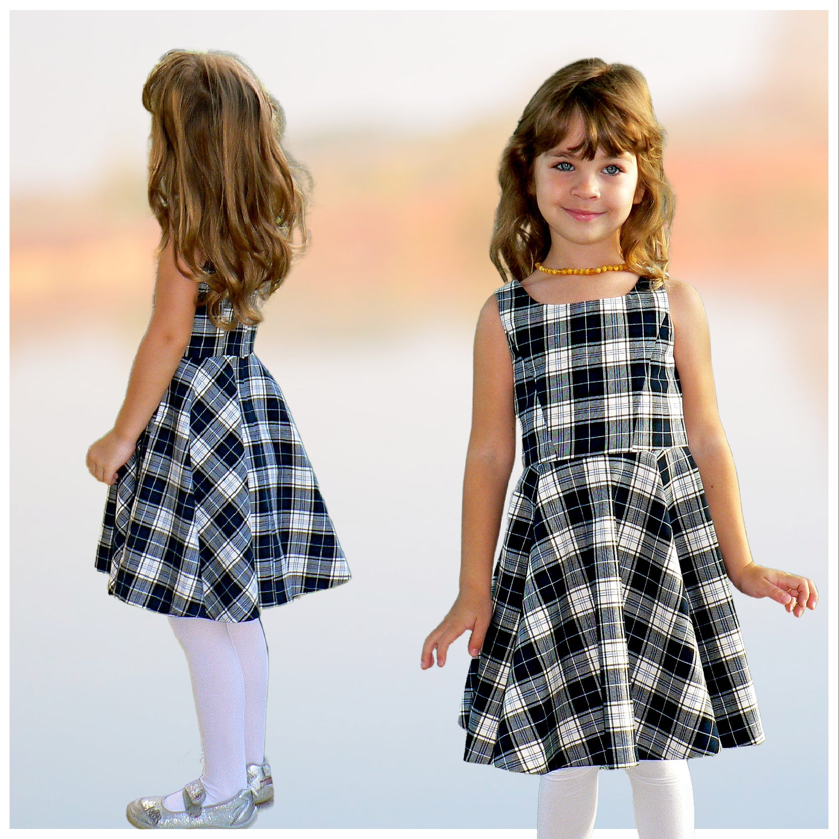 Vivienne dress for girls by Frocks & Frolics. Princess seam bodice, a sleeveless dress in tartan weave fabric.