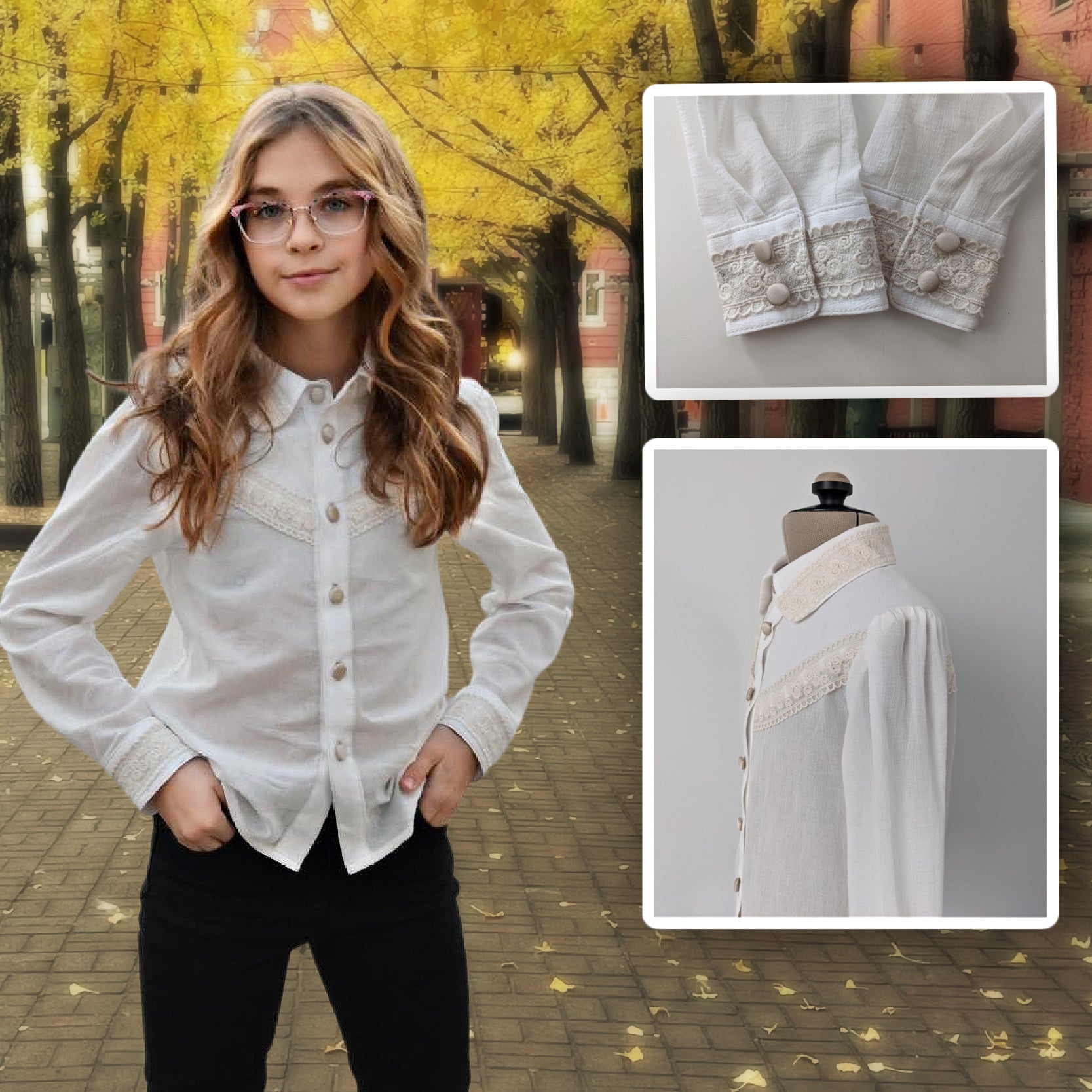 Western blouse, country style blouse with yoke, puff sleeves and button placket. Here in crepe chiffon with lace embroidery. Long sleeves with cuffs. Pattern comes with video guide for every step.