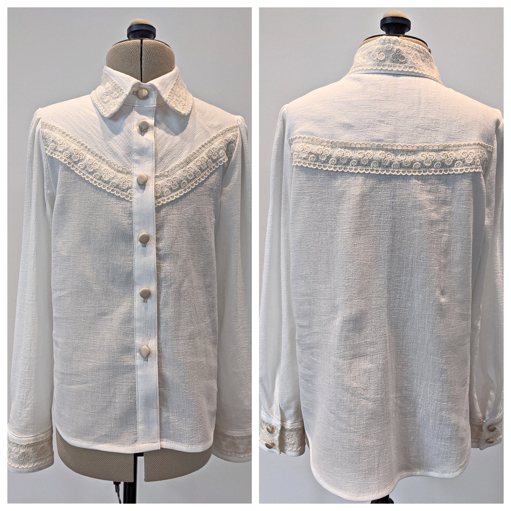 Western blouse, country style blouse with yoke, puff sleeves and button placket. Here in crepe chiffon with lace embroidery. Long sleeves with cuffs. Pattern comes with video guide for every step.