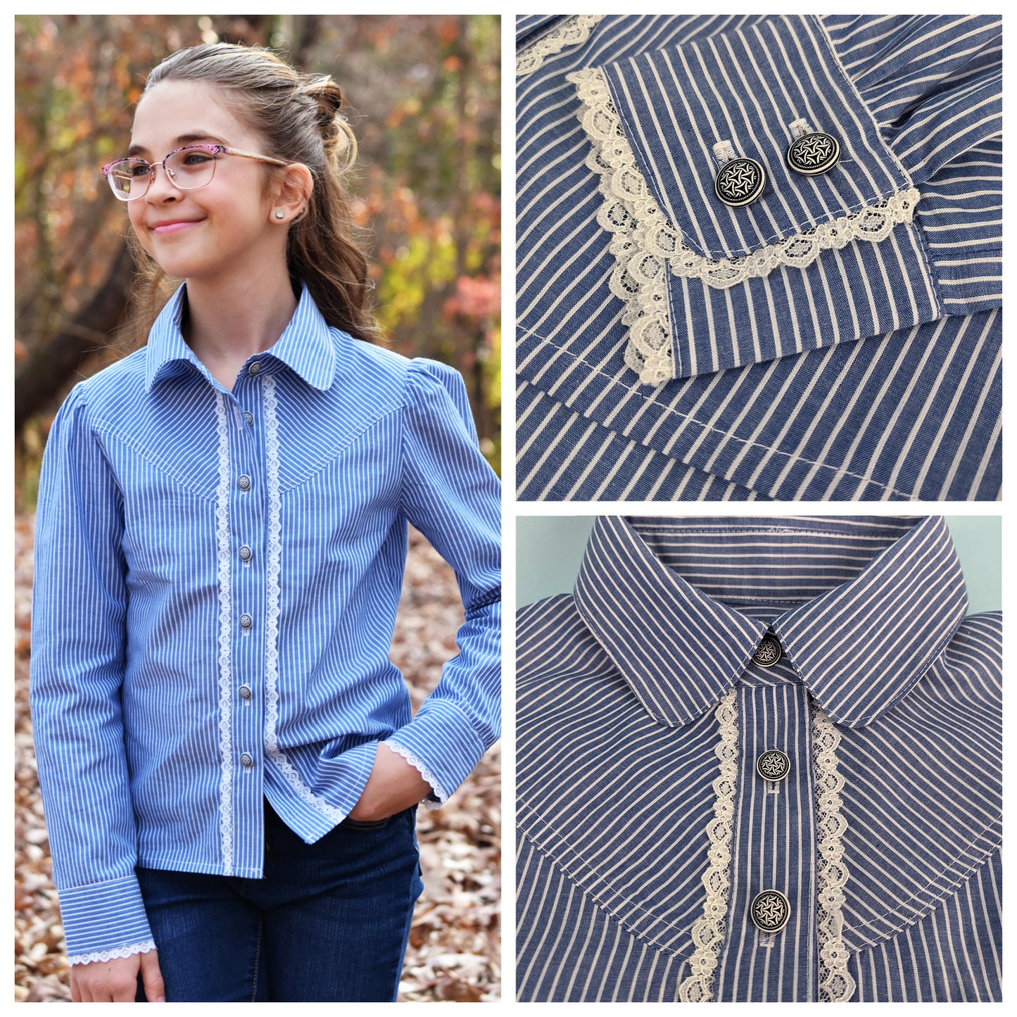 Western blouse, country style blouse with yoke, puff sleeves and button placket. Here in striped cotton with lace embroidery. Long sleeves with cuffs. Pattern comes with video guide for every step.