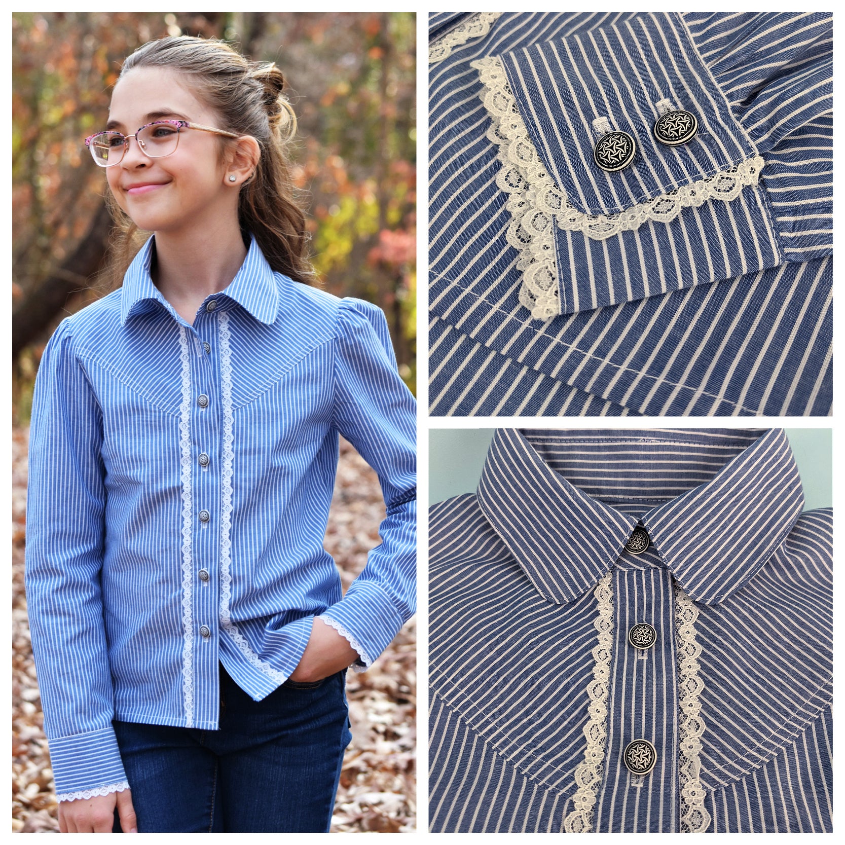 Western blouse, country style blouse with yoke, puff sleeves and button placket. Here in striped cotton with lace embroidery. Long sleeves with cuffs. Pattern comes with video guide for every step.