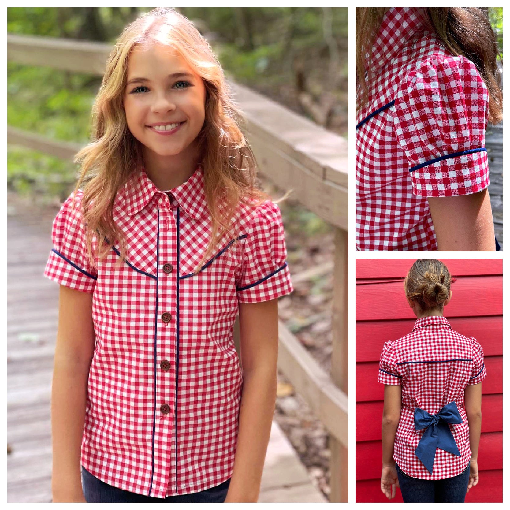 Western blouse, country style blouse with yoke, puff sleeves and button placket. Here in red and white gingham and blue contrast piping. Long sleeves with cuffs. Pattern comes with video guide for every step.