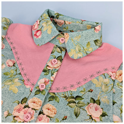 Western blouse, country style blouse with yoke, puff sleeves and button placket. Here in Michael Miller printed cotton and pink linen for the yoke and tun ups. Close up of the hem finish.