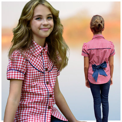 Western blouse, country style blouse with yoke, puff sleeves and button placket. Close up of the front placket, yoke and sleeve  with piping.