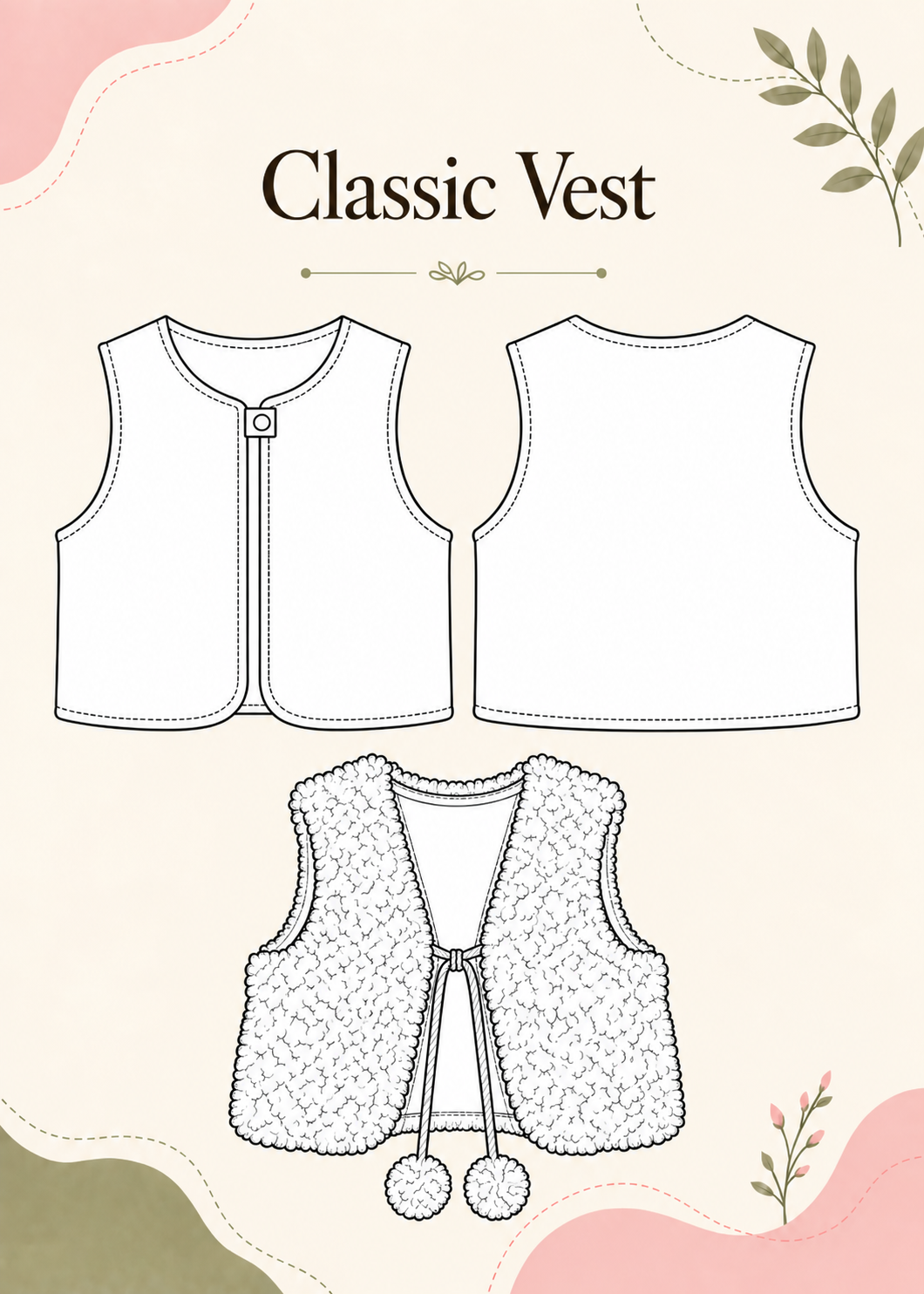 Technical drawing of the Classic Vest baby vest PDF sewing pattern by Frocks & Frolics showing front and back views and the reversible faux fur version with pom-pom ties