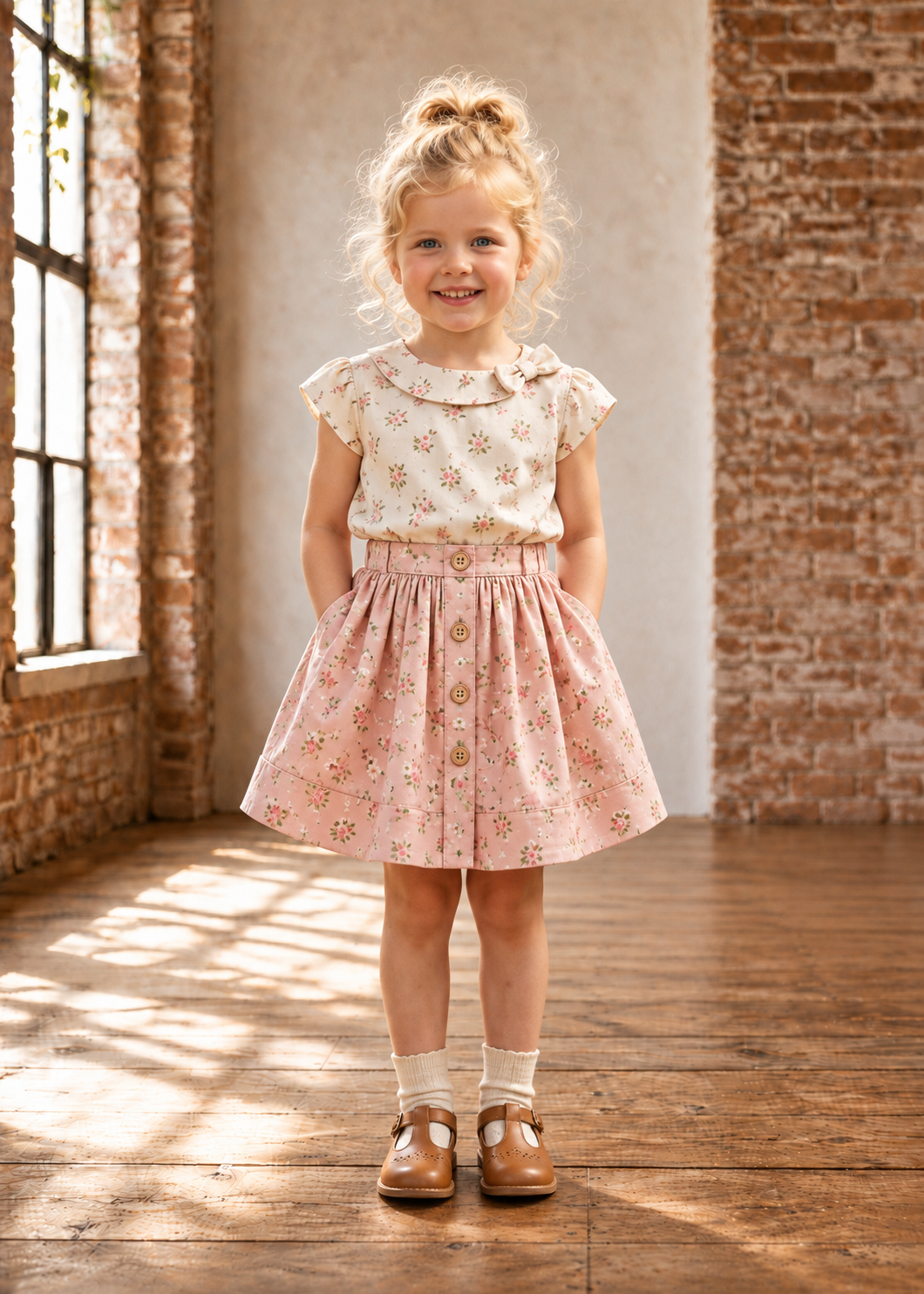 Front view of a girl wearing a cream floral top and pink floral gathered skirt, made with the Beatrice Blouse and Betsy skirt PDF sewing pattern by Frocks & Frolics
