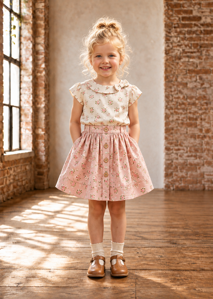 Front view of a girl wearing a cream floral top and pink floral gathered skirt, made with the Beatrice Blouse and Betsy skirt PDF sewing pattern by Frocks & Frolics