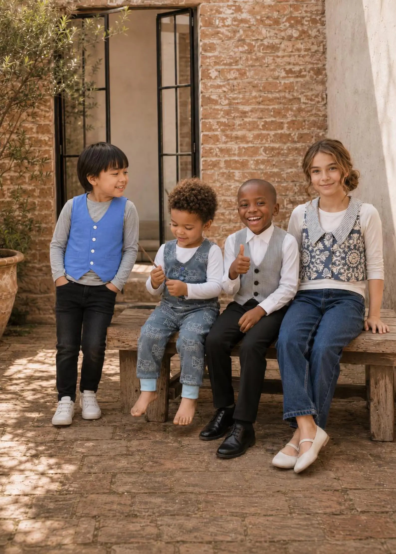 Group of children wearing custom handmade Brooklyn waistcoats in blue, denim, houndstooth, and floral print, sitting outdoors on a wooden bench.
