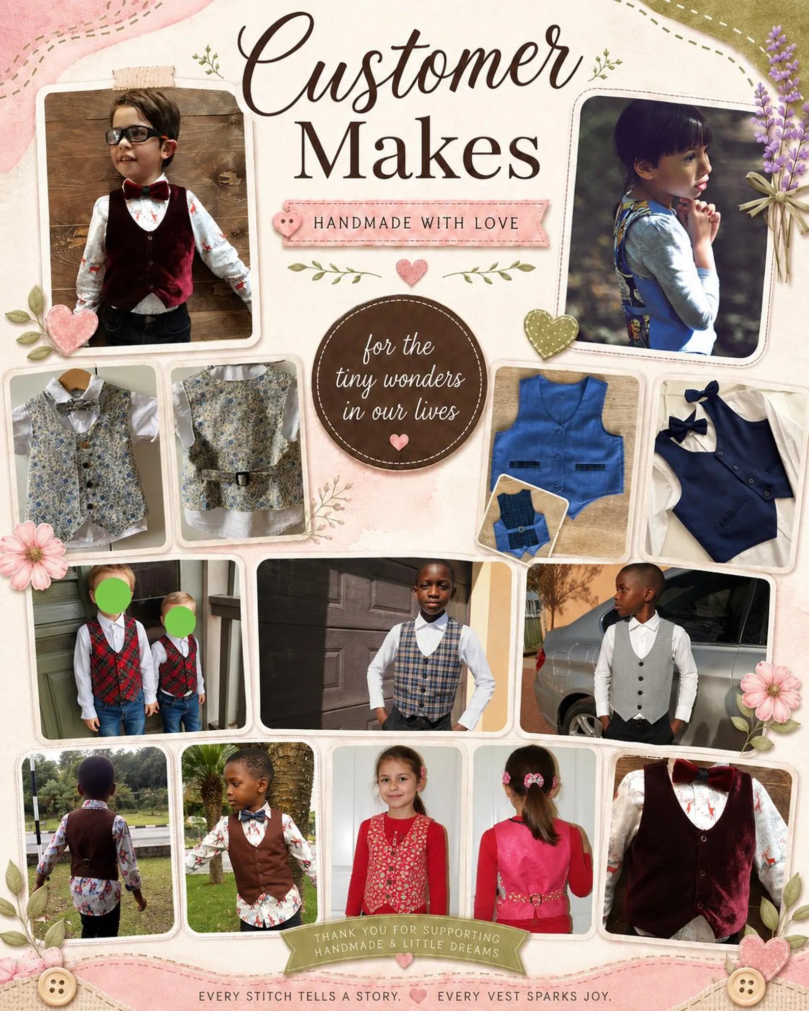 Photo collage titled Customer Makes showcasing various handmade kids waistcoats in velvet, denim, and printed fabrics.