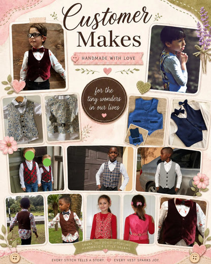 Photo collage titled Customer Makes showcasing various handmade kids waistcoats in velvet, denim, and printed fabrics.