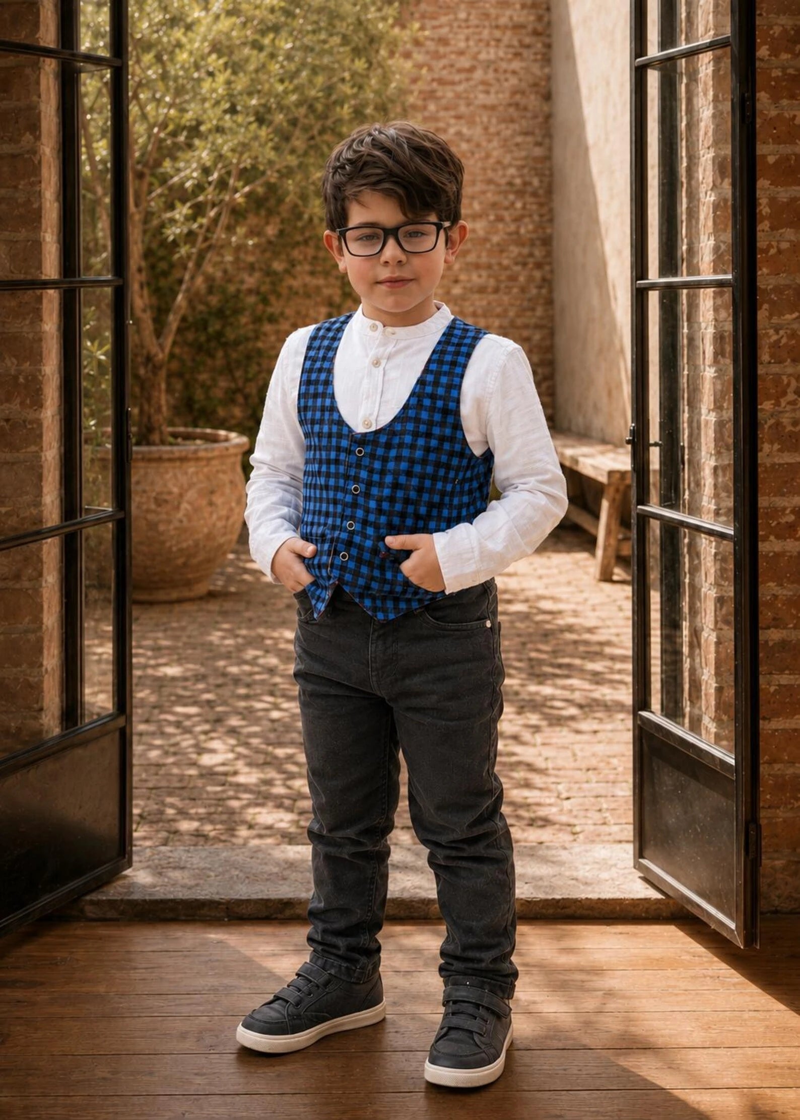 A young boy wearing a blue and black checkered standing in an open doorway with a brick courtyard background.