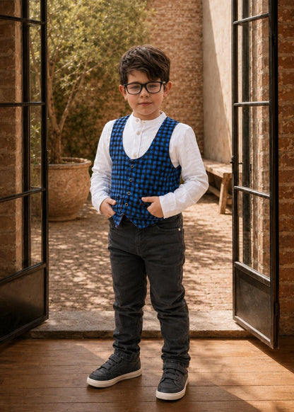 A young boy wearing a blue and black checkered standing in an open doorway with a brick courtyard background.