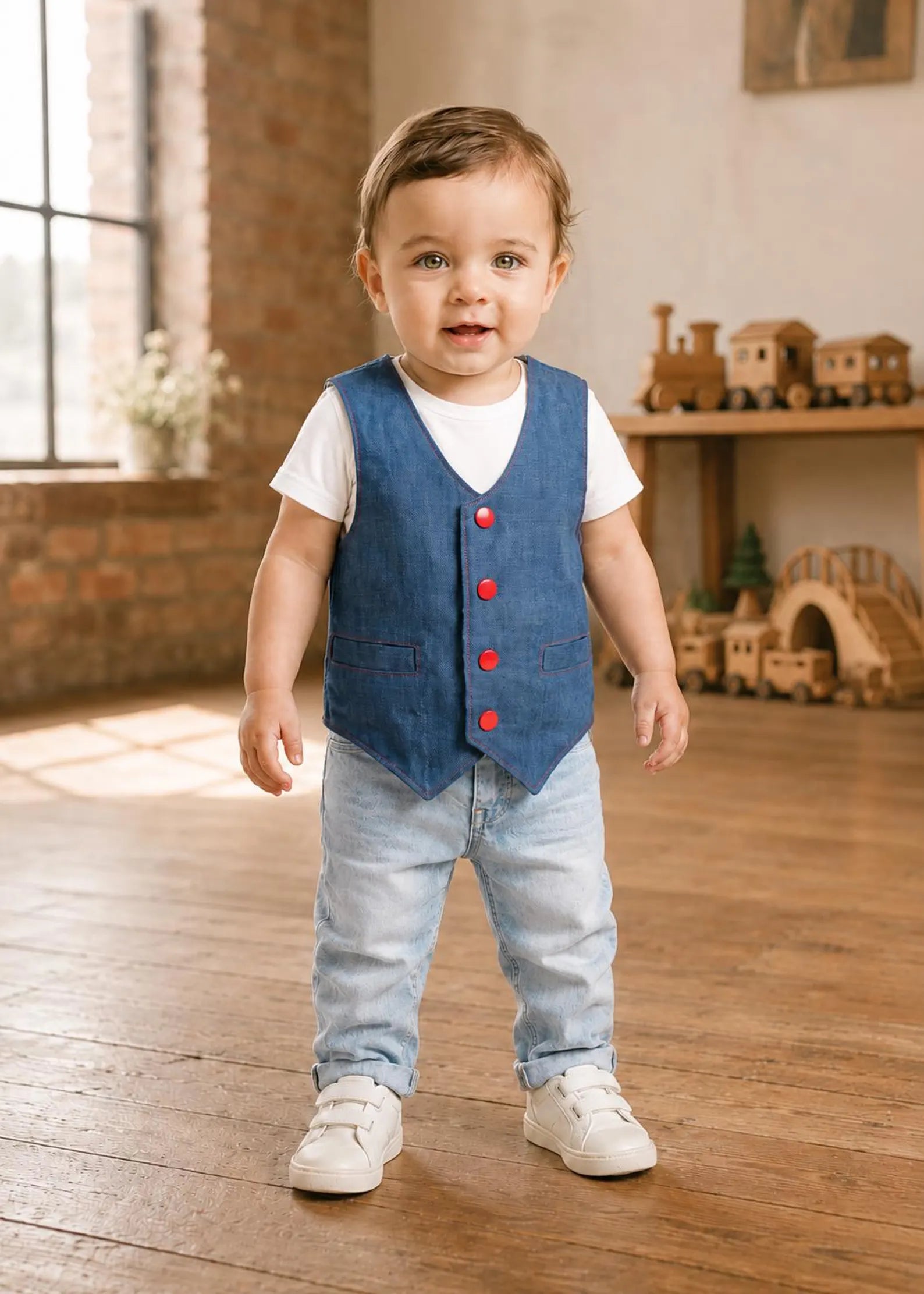 A toddler standing wearing a blue denim vest over a white t-shirt, light blue jeans, and white sneakers.