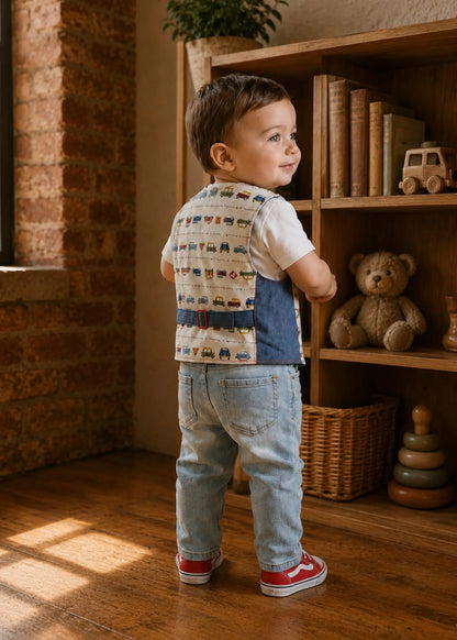 Rear view of a toddler standing by a bookshelf wearing a car print vest with an adjustable denim back strap.