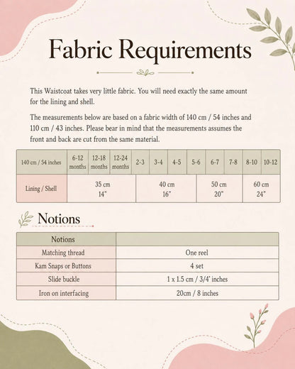 Brooklyn Waistcoat sewing pattern fabric requirements chart and notions list showing yardage, thread, snaps, and slide buckle needs.