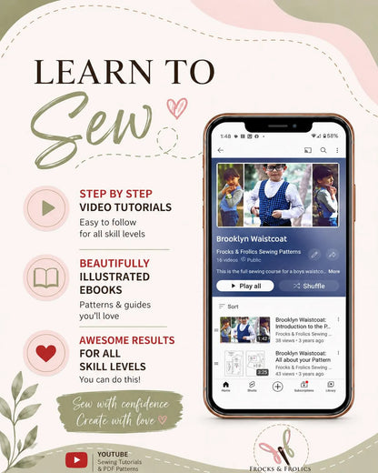 Phone graphic promoting video sewing courses and eBooks for the Brooklyn Waistcoat PDF pattern by Frocks & Frolics.