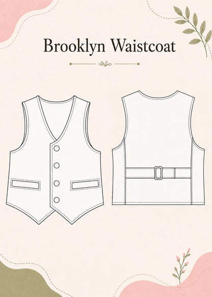 Technical line drawing illustration showing the front and back views of the Brooklyn Waistcoat sewing pattern.