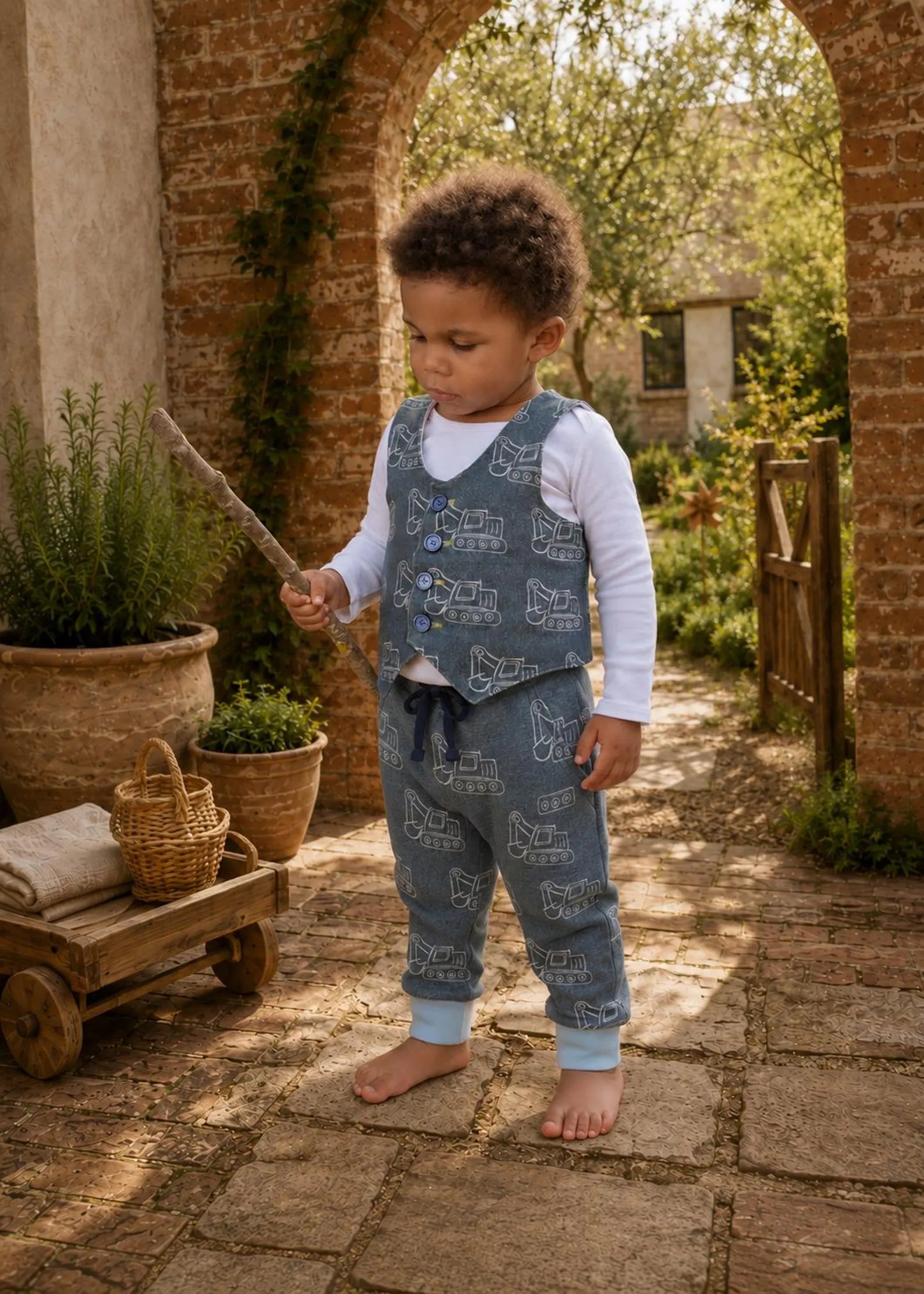 Toddler boy standing barefoot in a garden archway wearing a matching blue construction vehicle print Brooklyn waistcoat and jogger set over a white long-sleeve shirt.