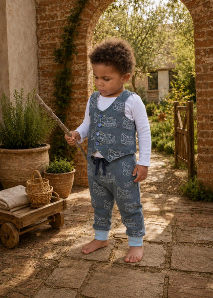 Toddler boy standing barefoot in a garden archway wearing a matching blue construction vehicle print Brooklyn waistcoat and jogger set over a white long-sleeve shirt.