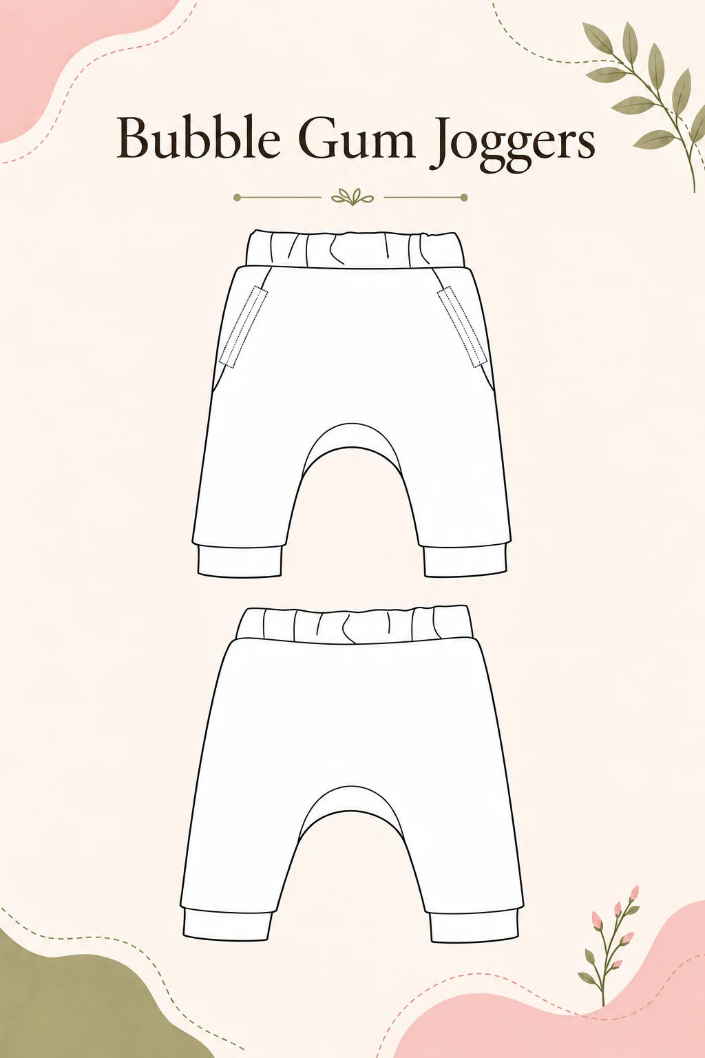 Bubble Gum Joggers sewing pattern – technical drawing of baby joggers, front and back views