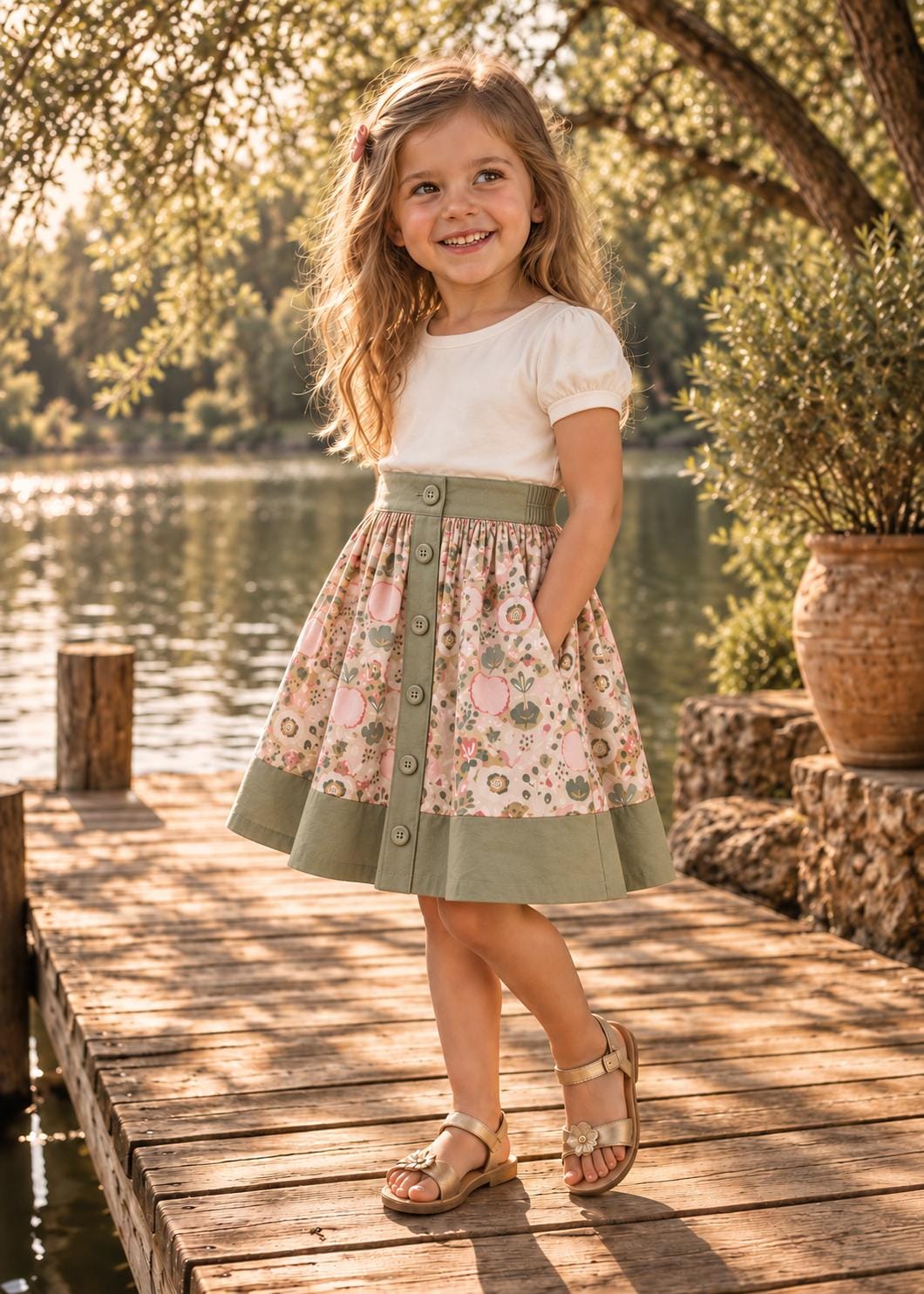 Frocks & Frolics Betsy skirt sewing pattern – button-front floral skirt with olive waistband and hem
