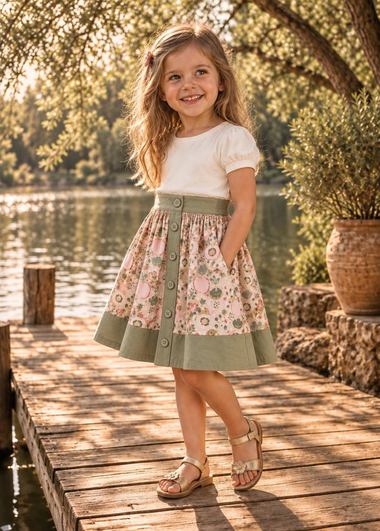 Frocks & Frolics Betsy skirt sewing pattern – button-front floral skirt with olive waistband and hem