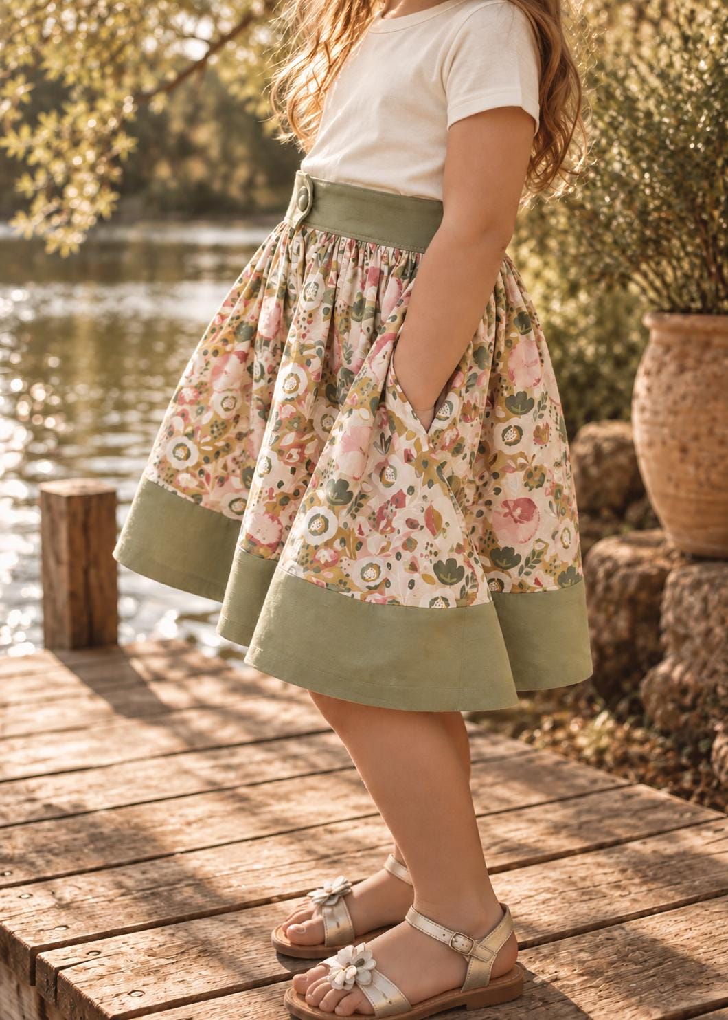 Frocks & Frolics Betsy skirt sewing pattern – close-up of floral skirt with side pockets and olive hem band