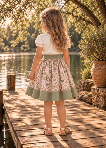 Frocks & Frolics Betsy skirt sewing pattern – back view of elastic waist floral skirt with sage hem
