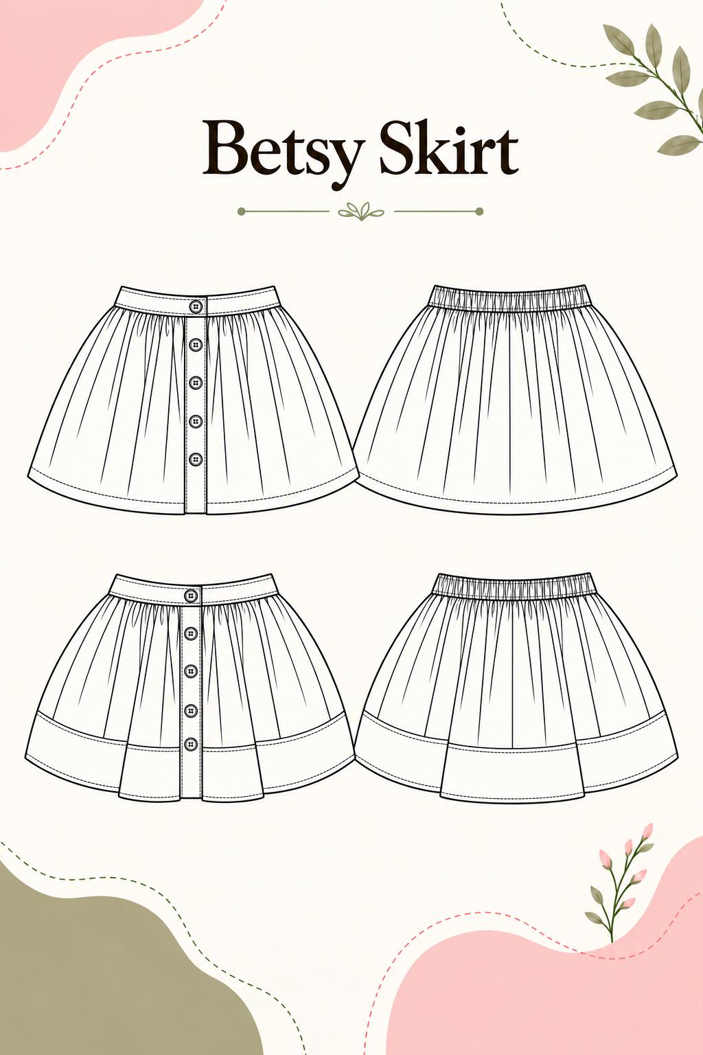 Frocks & Frolics Betsy skirt sewing pattern – technical drawing of button-front and elastic waist versions