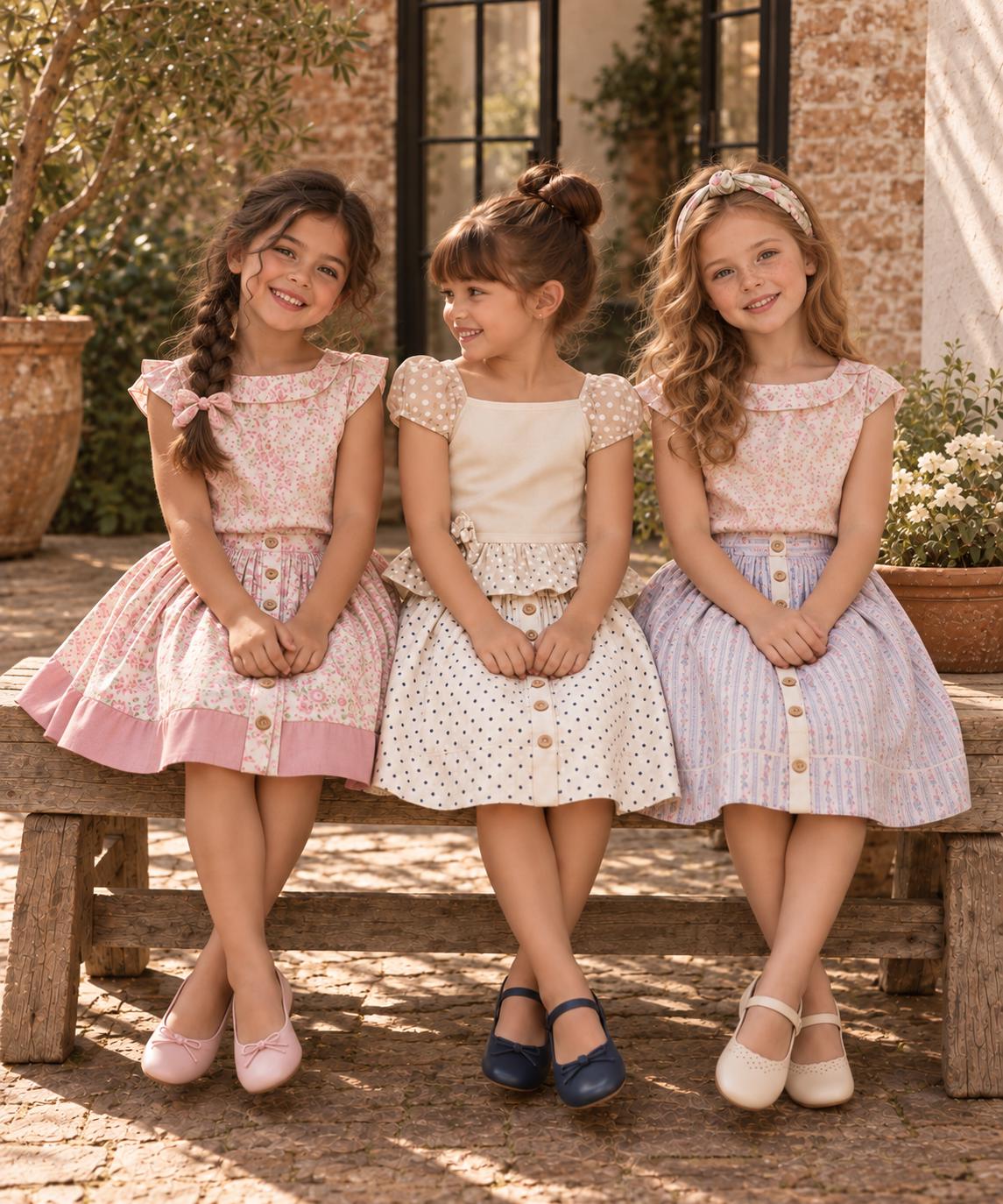 Frocks & Frolics Betsy skirt sewing pattern – three girls in button-front skirt variations