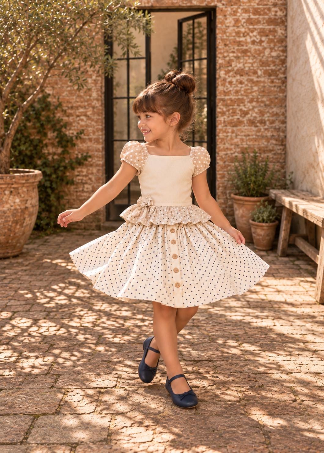 Frocks & Frolics Betsy skirt sewing pattern – polka dot button-front skirt with puff sleeve top