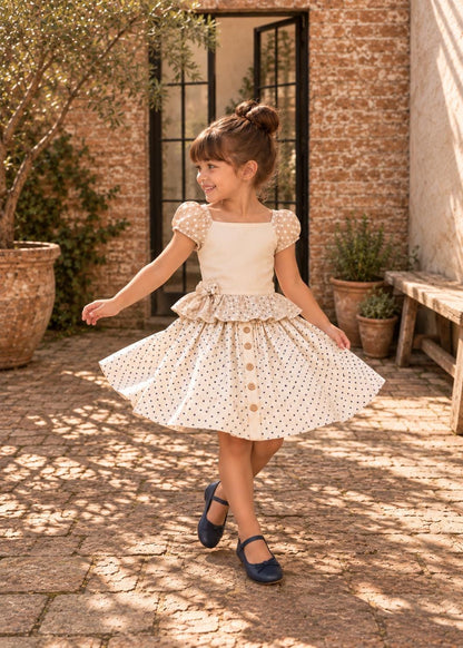 Frocks & Frolics Betsy skirt sewing pattern – polka dot button-front skirt with puff sleeve top