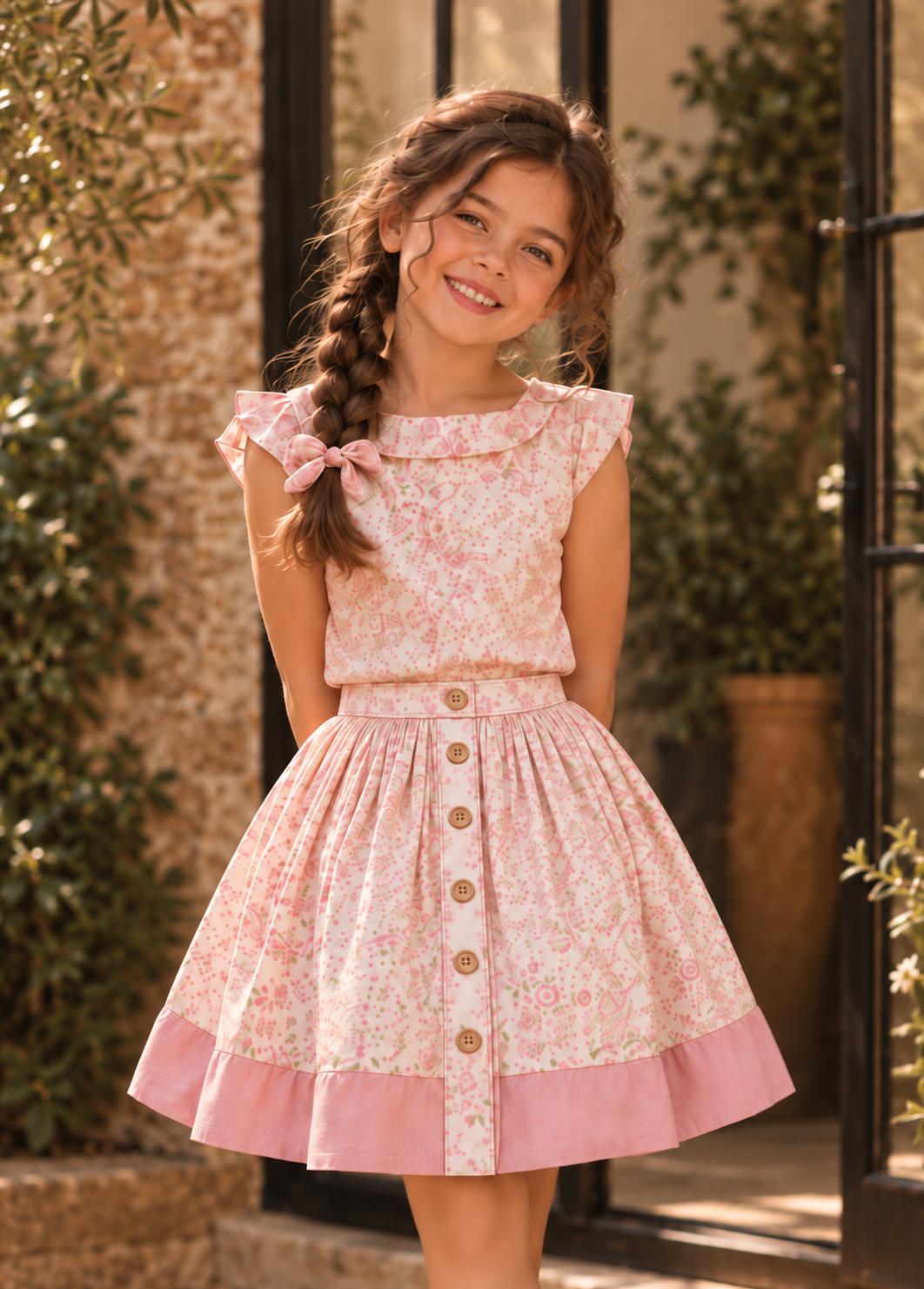 Frocks & Frolics Betsy skirt sewing pattern – pink floral button-front skirt with matching ruffle collar top